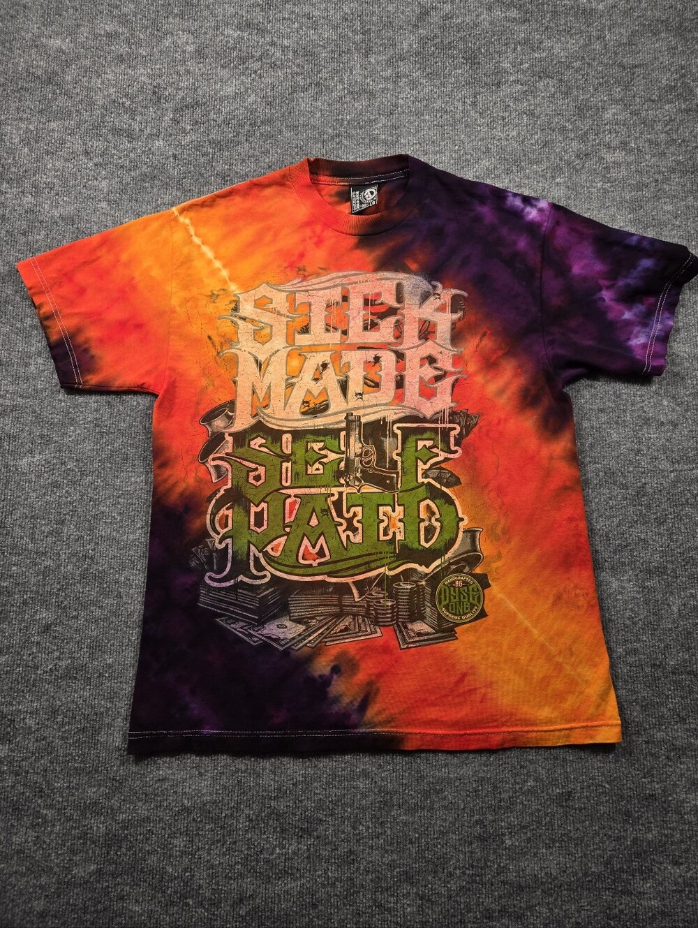 ​Dyse One‎ Custom Ice Dye Graphic T Shirt Mens L 1of1 "Sick Made Self Paid" Y2K